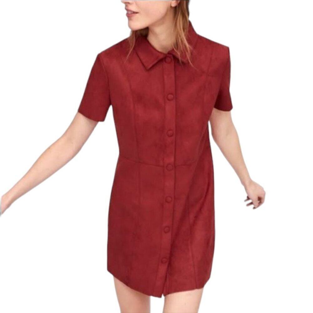 Zara Red Faux Suede Short Sleeve Snap Button Down Mini Shirt Dress Size M